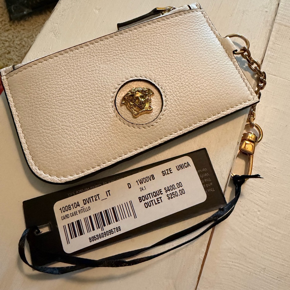Versace White Pebbled Leather Card Holder with Gold Logo